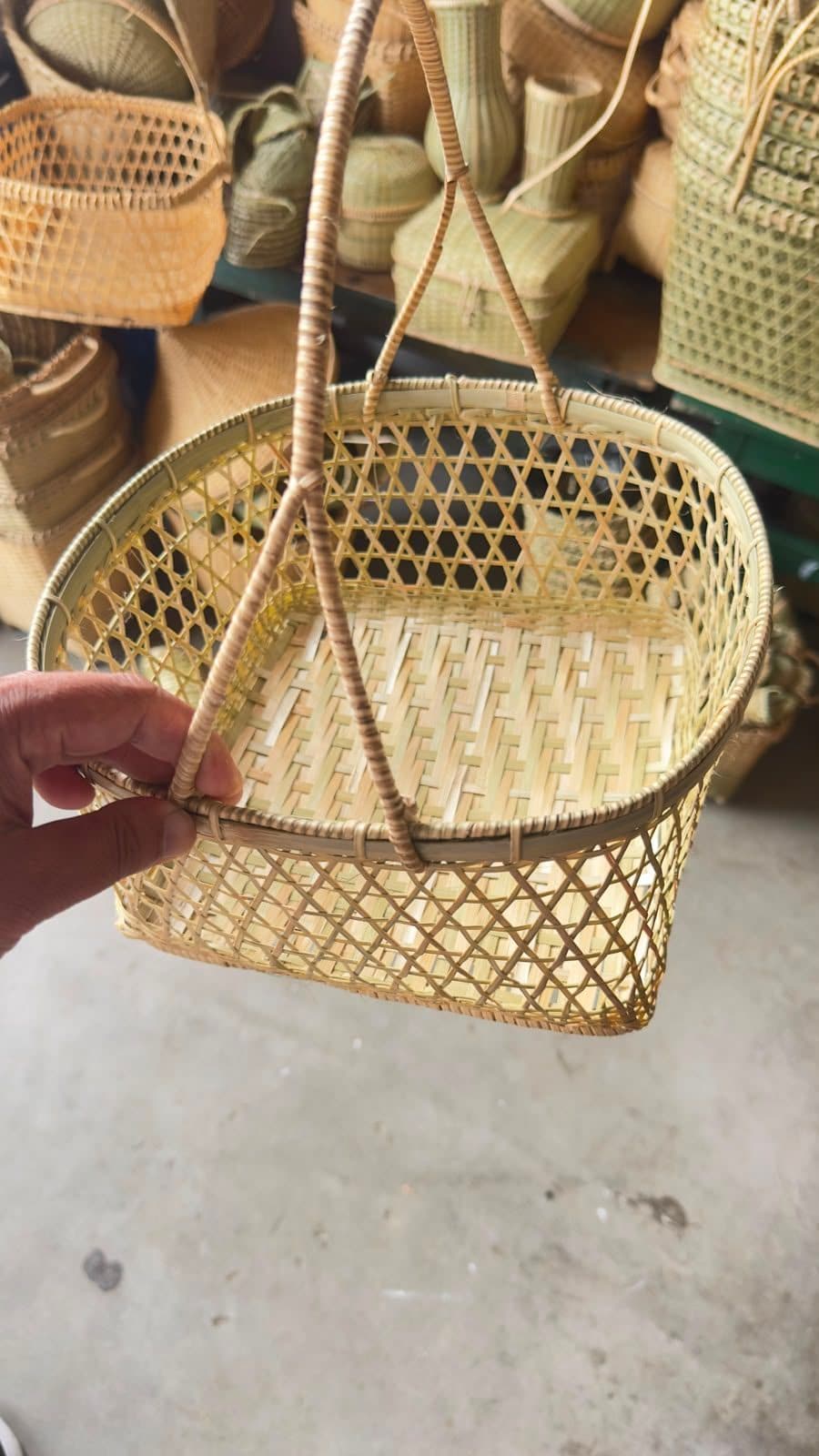 Bamboo market basket with hexagonal lattice weave and arch handle